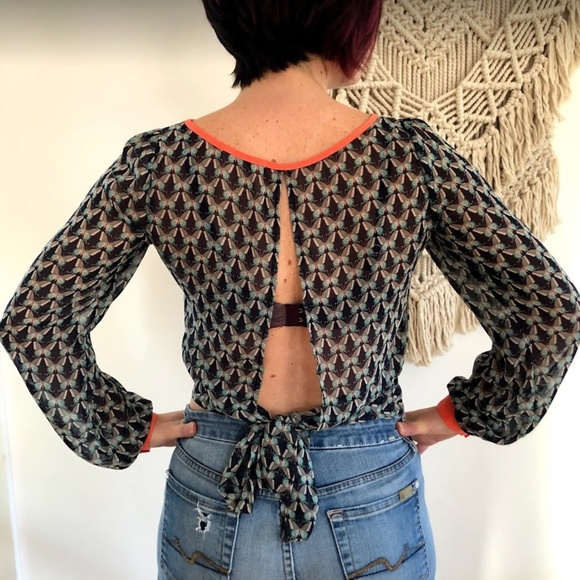 Mustard Seed Tops - Butterfly Pattern Open Back Tie Blouse Top S